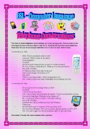 English Worksheet: Telephone Conversations - ESL Computer Language - elementary/intermediate - (( 2 pages )) - Editable 