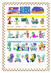 English Worksheet: Aliens-jobs, housework, present continuous