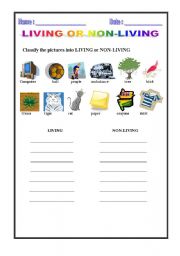 English worksheet: living or non living