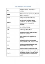 English worksheet: Food Vocabulary List & Definitions