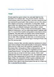 English worksheet: Reading Comprehension Worksheet about food