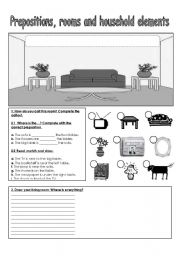 English Worksheet: Prepositions, rooms and household elements