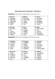 English Worksheet: Synonyms and Antonyms: Adjectives 1