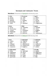 English Worksheet: Synonyms and Antonyms: Nouns 1