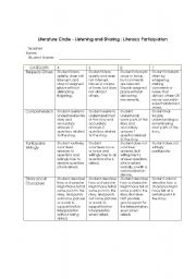 English Worksheet: Literacy Participation Rubric