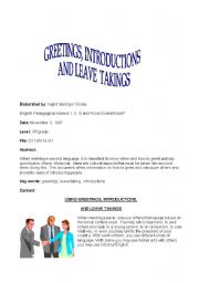 English worksheet: greetings, leave takings and introductions