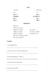 English worksheet: to be and introduction