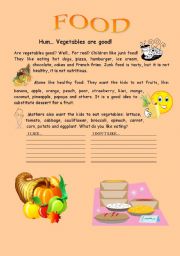 English Worksheet: Food - Vegetables are good - Reading for young students