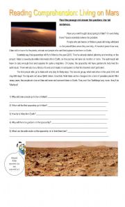 English Worksheet: READING COMPREHENSION: LIVING ON MARS