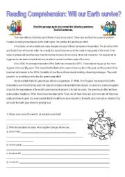 English Worksheet: READING COMPREHENSION: WILL OUR EARTH SURVIVE?