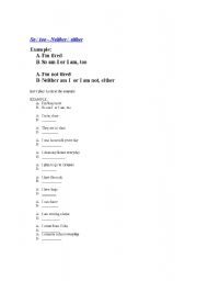 English worksheet: Game to practice So/too and either /neither