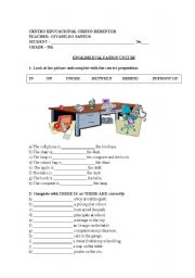 English Worksheet: Evaluation with there to be verb, Indefinite article and prepositions