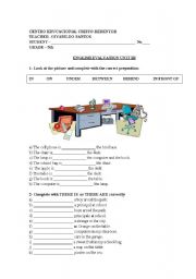 English Worksheet: Evaluation with there to be verb, Indefinite article and prepositions