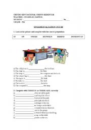 English worksheet: Evaluation with there to be verb, Indefinite article and prepositions