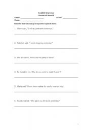 English Worksheet: Reported Speech Printable