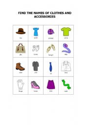 English worksheet: Find the names of clothes and accessories