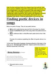 English worksheet: Poetic devices in lyrics jigsaw type activity lesson