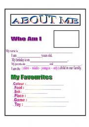 English Worksheet: about me