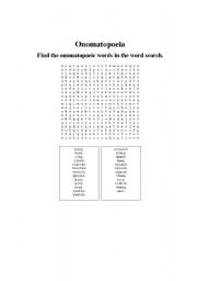 English Worksheet: Onomatopeia Wordsearch