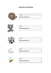 English worksheet: Animals and Foods