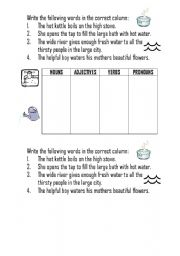 English worksheet: Nouns, Adjectives, Verbs and Pronouns