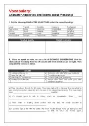 English Worksheet: Character Adjectives and Idioms about Friendship