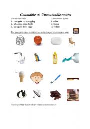 English worksheet: countable nouns and uncountable nouns