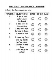 English worksheet: poll about classrooms language
