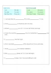 English worksheet: Verb to be (past) 