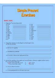 English worksheet: Simple present exercises - Basic and Intermediate levels