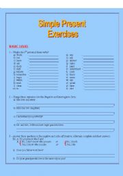 English Worksheet: Simple present exercises - Basic and Intermediate levels