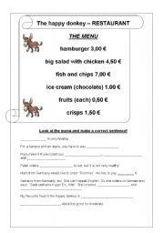 English Worksheet: in a restaurant - the menu 