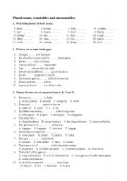 English Worksheet: Plural nouns, countable and uncountable nouns