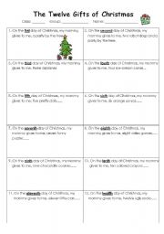 English Worksheet: The Twelve Gift of Christmas