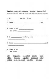 English worksheet: Weather - Cold or Warm - What Can I Wear and Eat?