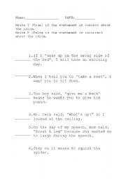 English Worksheet: T or F about idioms