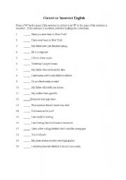 English Worksheet: Correct and Incorrect English
