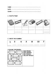 English Worksheet: school things and numbers.