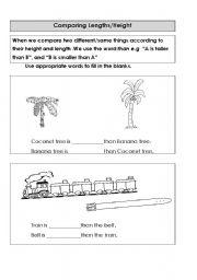 English worksheet: comapring different things by height and length