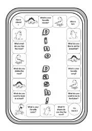 English Worksheet: Dino Dash Gameboard (with 128 mini word strips and simple questions on the board)