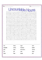 English worksheet: Uncountable nouns wordsearch