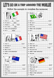 English Worksheet: LETS GO ON A TRIP ROUND THE WORLD!! - Countries, Nationalities and Pronouns