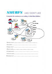 English worksheet: like/ dont like SMURFS :)