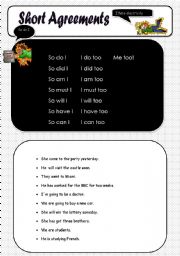 English Worksheet: Short Agreements Worksheet Part 1/2