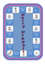 English Worksheet: Hurry Hippo Game (with about 100 wordstrips containg irregular verbs in their base and and past tense form, black and white version included)