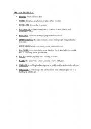 English worksheet: List of vocabulary related to the parts of the house