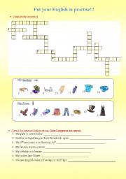 English worksheet: clothes crossword, error correction, IN/ AT/ ON, ONE/ONES, e-mail about a favourite festival