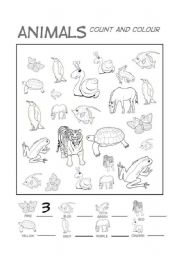 English Worksheet: Animals: count and colour