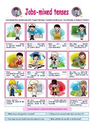 English Worksheet: JOBS-MIXED TENSES!