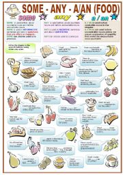 English Worksheet: SOME - ANY - A-/AN (FOOD) COLOUR + B&W VERSIONS